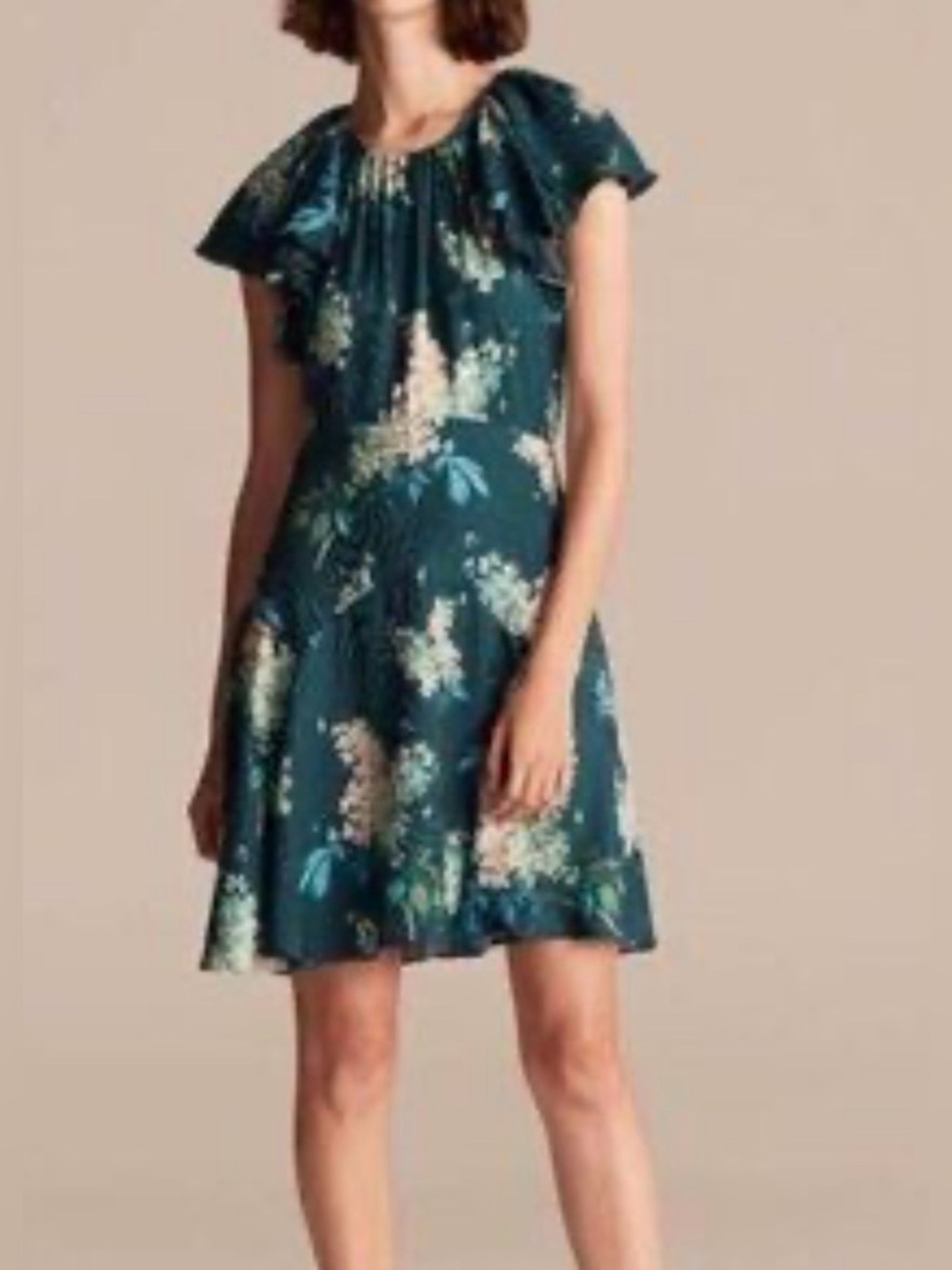 Rebecca Taylor Teal Floral Midi Dress Ruffle hydrangeas 100%silk classy prep
